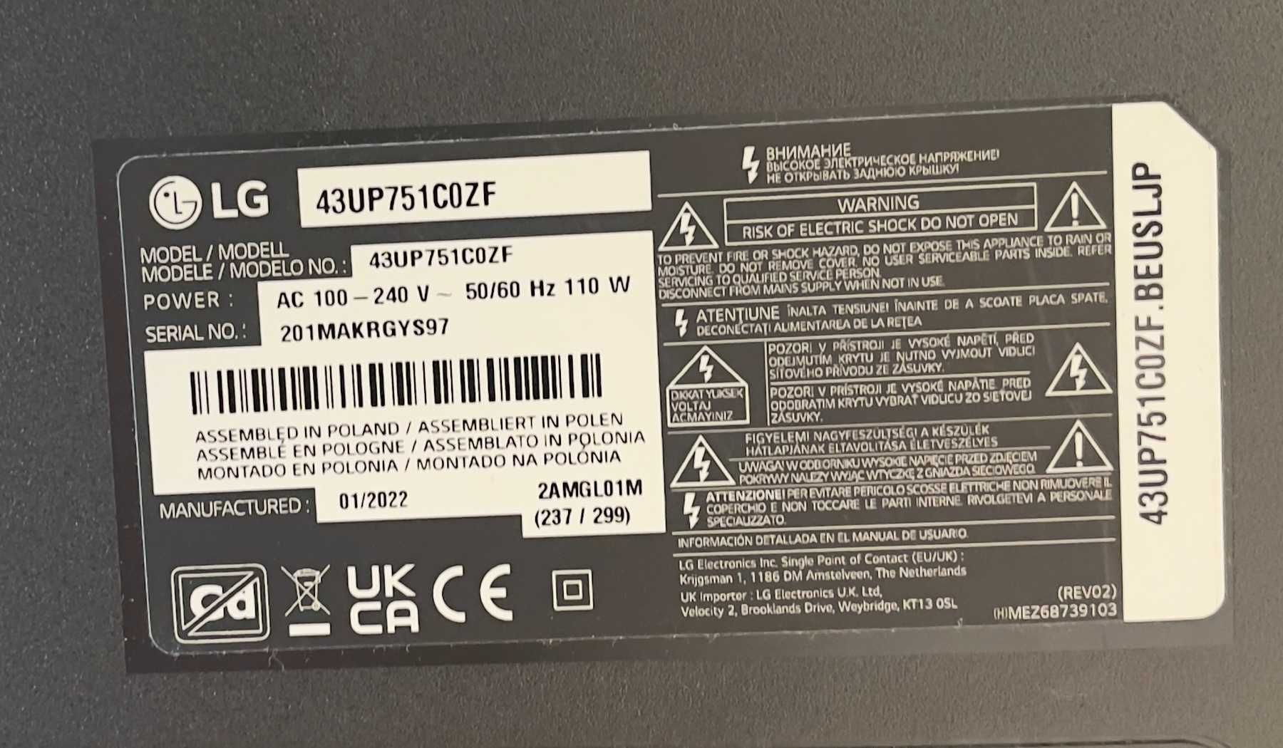 Смарт телевизор  LG 43UP751C0ZF, 43" 4K UltraHD IPS TV 3840 x 2160