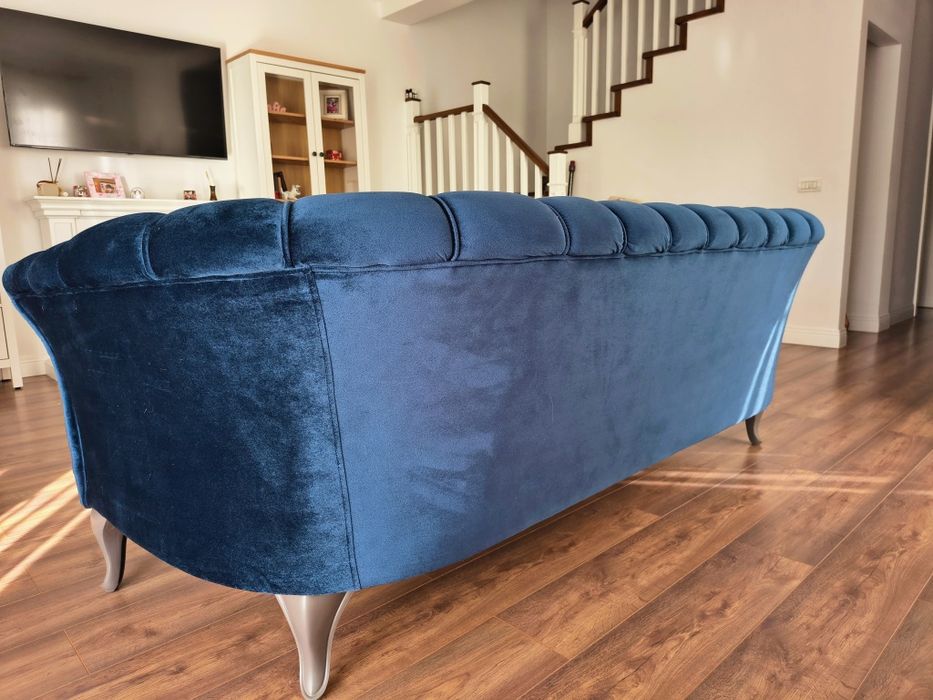 Canapea Chesterfield catifea albastru regal, 3 locuri+fotoliu