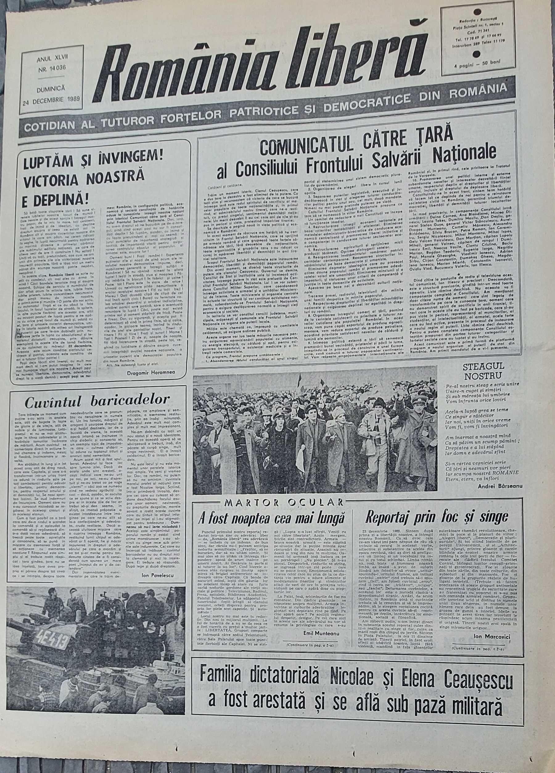 Ziar ROMANIA LIBERA din 24 decembrie 1989 - Revolutia Romana+Ian. 1990