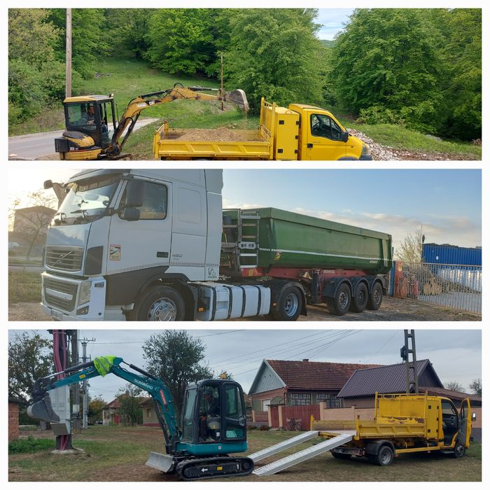 Transport sorturi și efectuez lucrări cu miniexcavator.