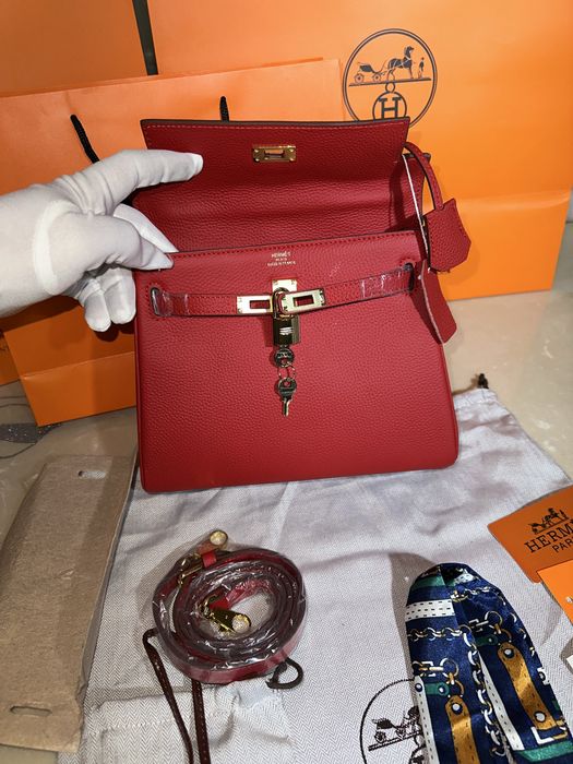 Geanta Hermes Kelly 25cm Red/accesorii gold