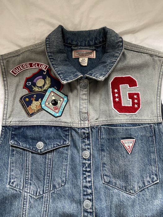 Vesta lunga denim (blugi) Guess cu logo si aplicatii