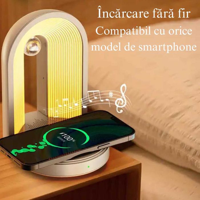 Incarcator WIRELESS, Lampa LED, Conexiune prin BLUETOOTH, alb/roz