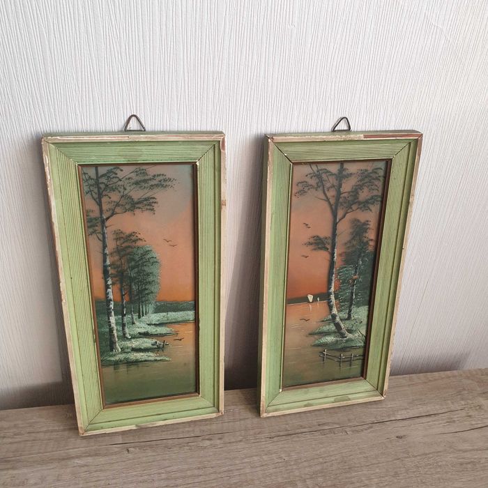 Стари малки картини „Езерен пейзаж“, рисувани върху стъкло