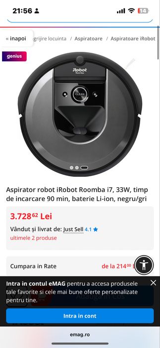 Robot Aspirator Roomba i7 Stare Impecabila