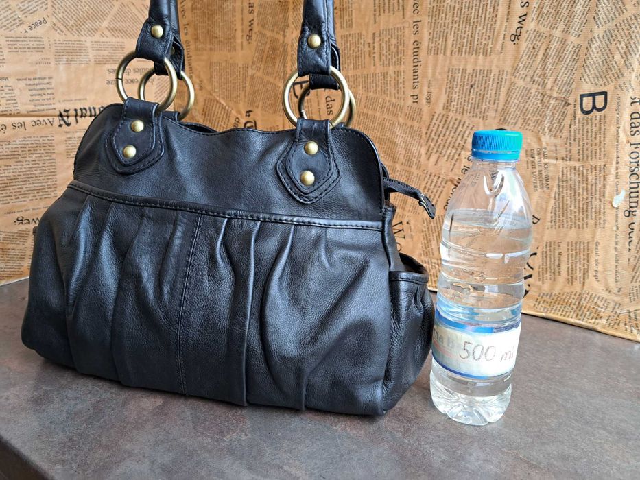 дамска чанта,черна кожена торба 5th Avenue-естествена кожа,