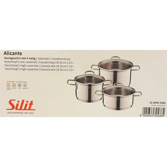 Комплект 3 тенджери Silit Alicante, Стъклени капаци, Сребърен