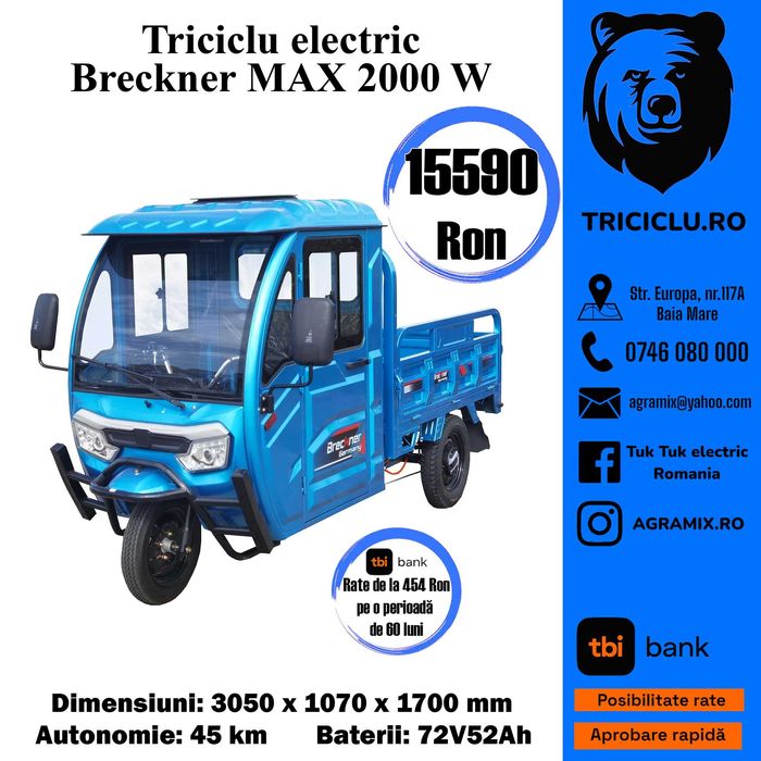 Breckner MAX  triciclu electric - tuktuk cu cabina nou Agramix