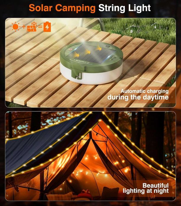 НОВИ! Соларни къмпинг лампички, 12м, 2-в-1, фенер и гирлянд, USB