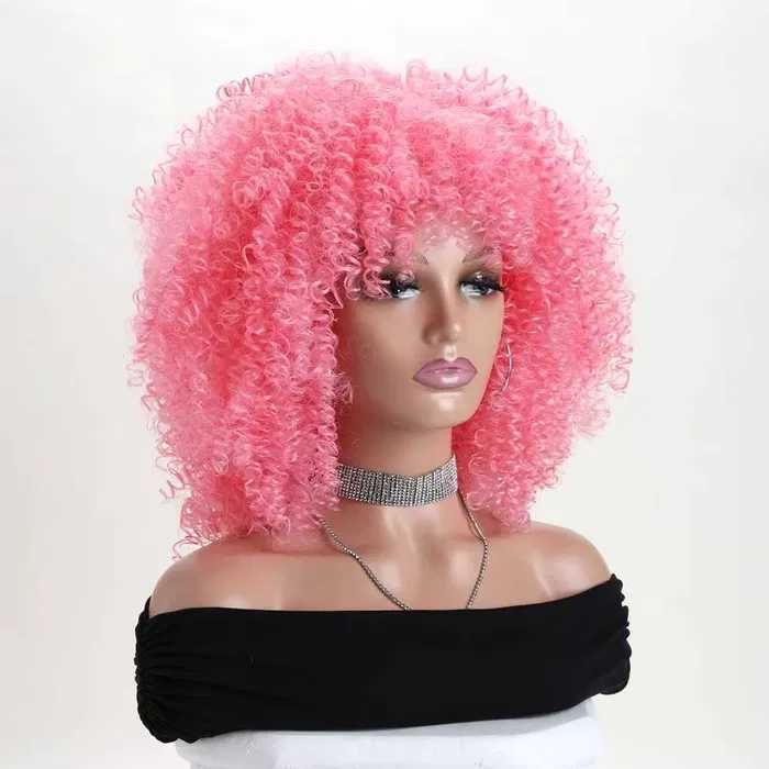Розова къса афро къдрава перука