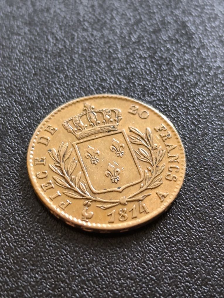 20 франка 1814 год,Луи XVIII, злато 6.45 гр, проба 900/1000 (21.6 к)