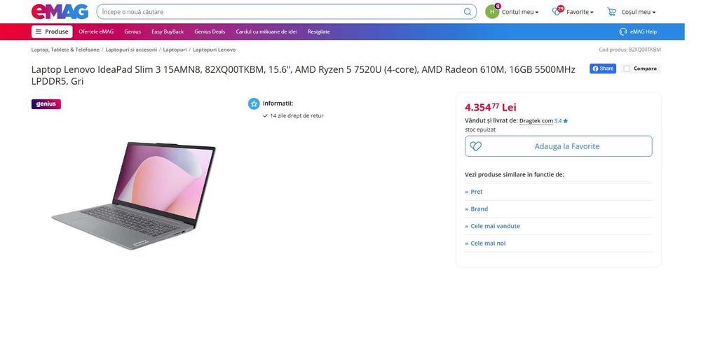 Laptop Gaming Lenovo Slim 3 ,Ryzen 5 7520U ,16 gb ddr5 , nou, garantie