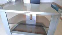 Suport (stand) TV Samsung, 3 etaje fixe, argintiu, lemn/sticla, nou