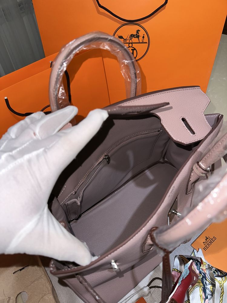 Geanta dama hermes birkin 35cm nude cu accesorii argintii cadou c:30