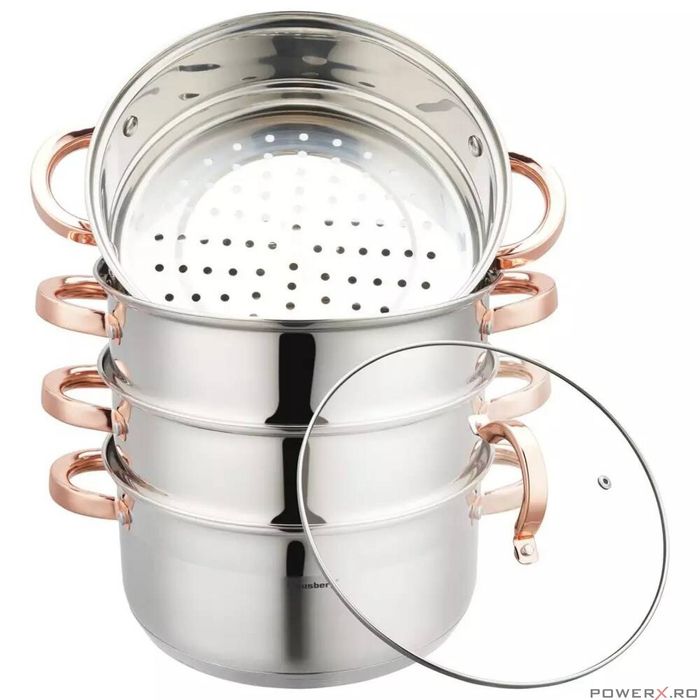 Oala pentru fiert la abur, 5 elemente, cu manere roze, 24cm, 5.0L,