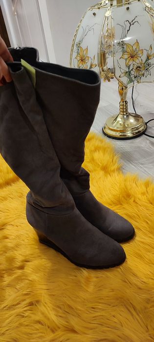 Cizme cu platformă pana la genunchi, gri, Graceland