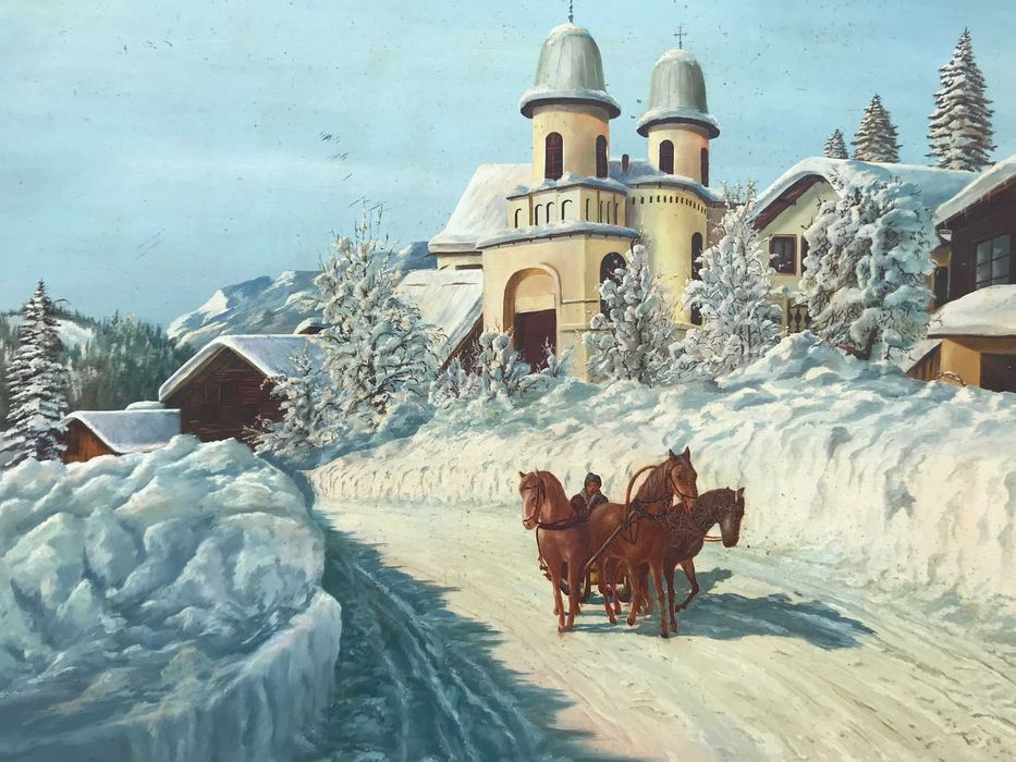 Tablou vechi peisaj iarna - pictura ulei