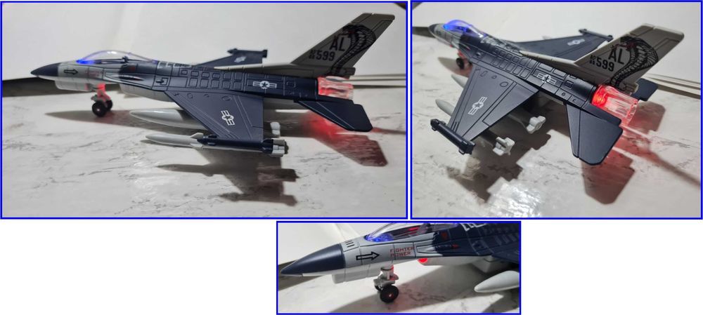 superbă machetă avion F 16, 1/72, pull back, cu lumini și sunete