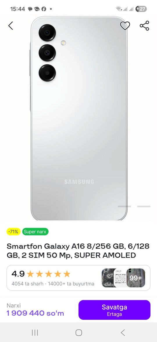 Samsung a 16 bo
Xotira 8ga 256 
Bater faqat ipxonega dap kelishamiz 
O