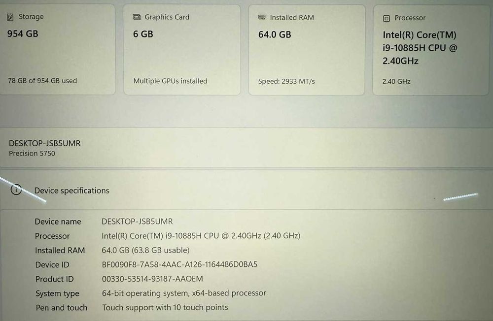 Laptop Dell Precision 5750 - i9-10885H - 64gb - 1tb - 4k - touchscreen