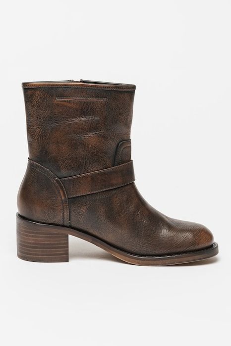 BRONX Botine din piele cu toc masiv New-Camperos, Maro, 37