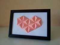 3D розово сърце, оригами, в рамка, декорация за стена, подарък