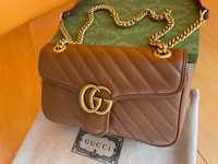 Чантa Гучи Оригинална Златна Дръжка GG Лого Marmont Кафява Кожа Gucci