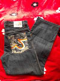 Blugi Jeans unisex bleumarin cu buzunar brodat, NOI, talie inalta, XL