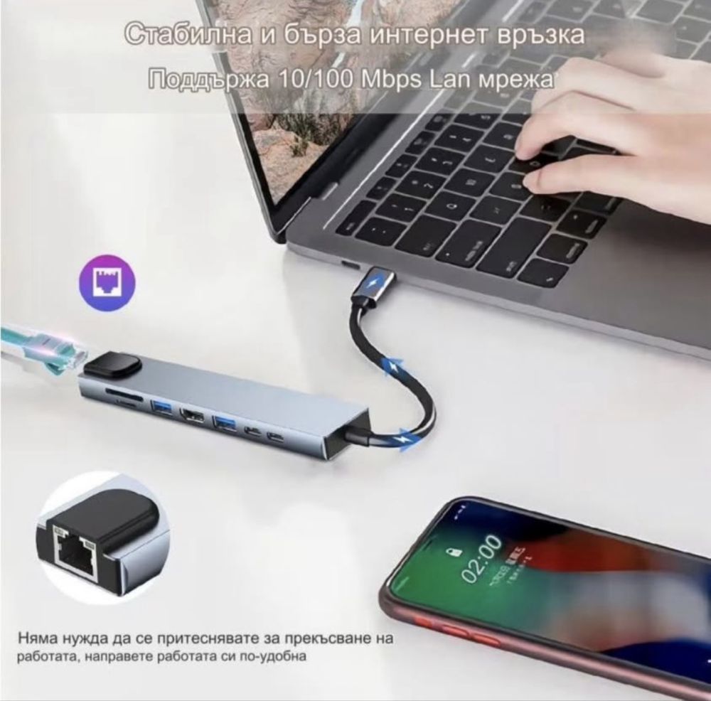 Адаптер за хъб, Multiport 8 в 1,докинг станция за лаптоп