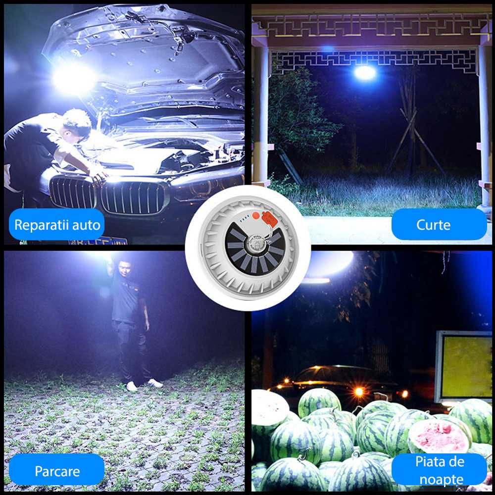 Lampa 120 LED-uri portabila pentru camping, 60 W, solara sau USB
