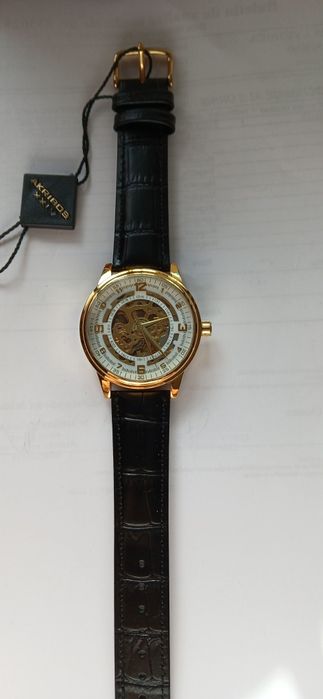 Ceas Akribos automatic skeleton auriu nou