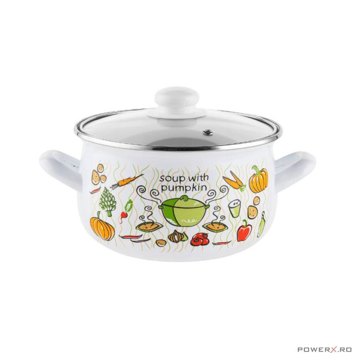 Oala cu capac din sticla, otel carbon, emailata, alba, 16cm, 2.2l,