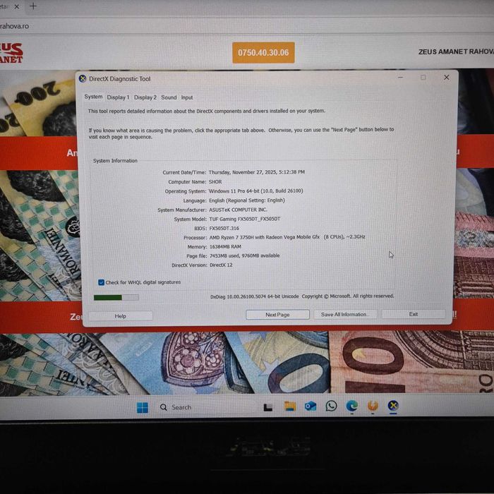 Laptop Asus TUF Gaming Ryzen 7 gen 3 16gb, GTX 1650 500ssd Zeus 34030