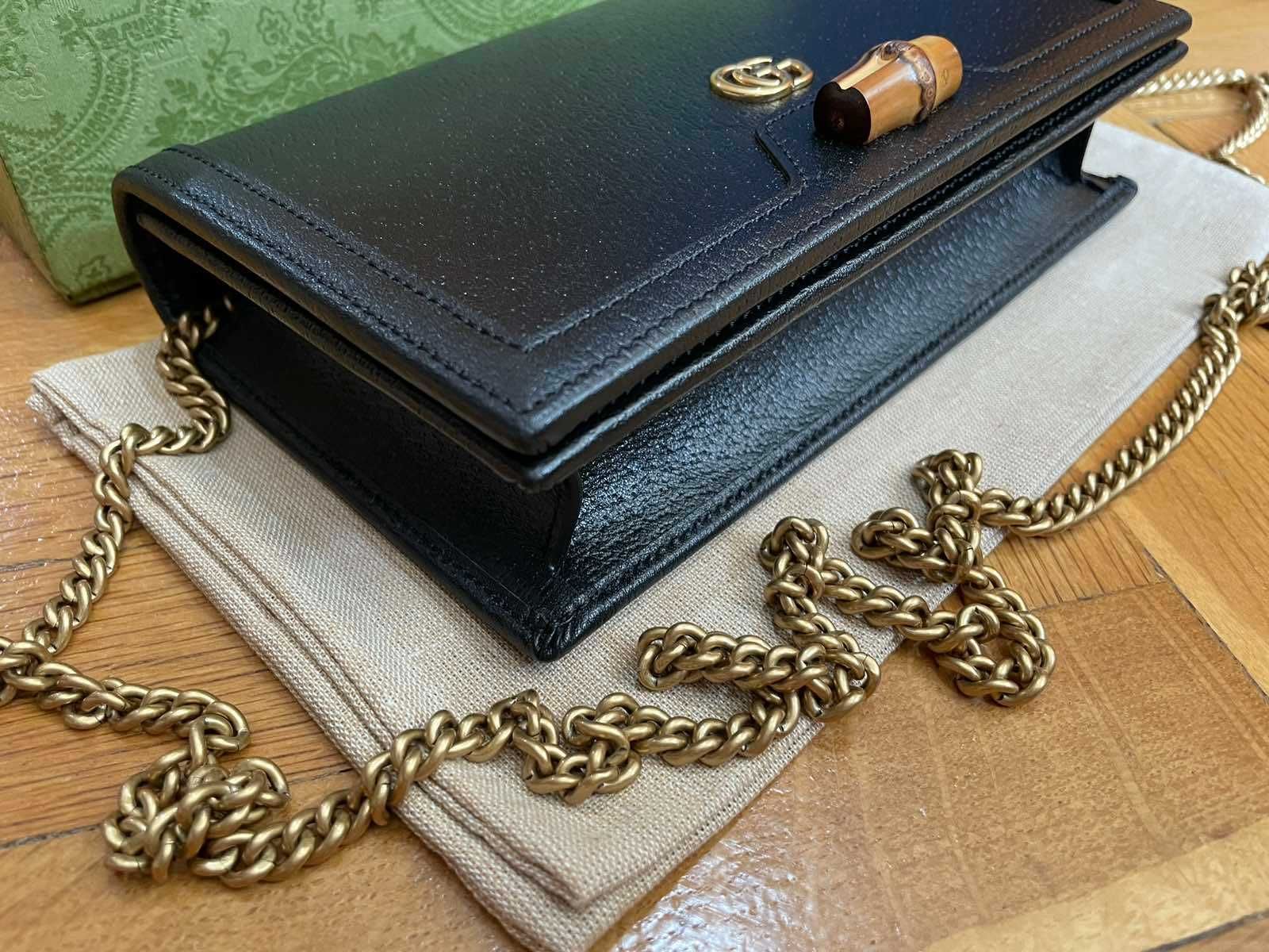 Дамска чанта Мини Gucci Гучи Diana Черна кожа Златно Gold GG лого