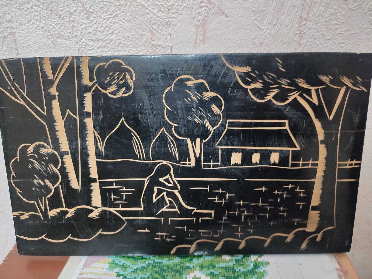 Картина маслом, на дереве, чеканка + декор из аистов