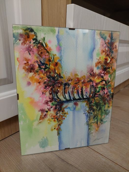 Tablou pictat - Fereastra Venetiana cu flori  24cm x 30cm