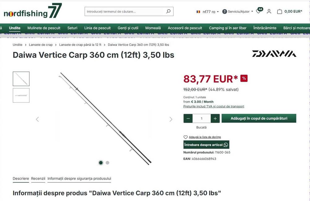 4 Lansete Noi!! Daiwa Vertice Carp, 3.60m, 3.50 lbs, 2buc
