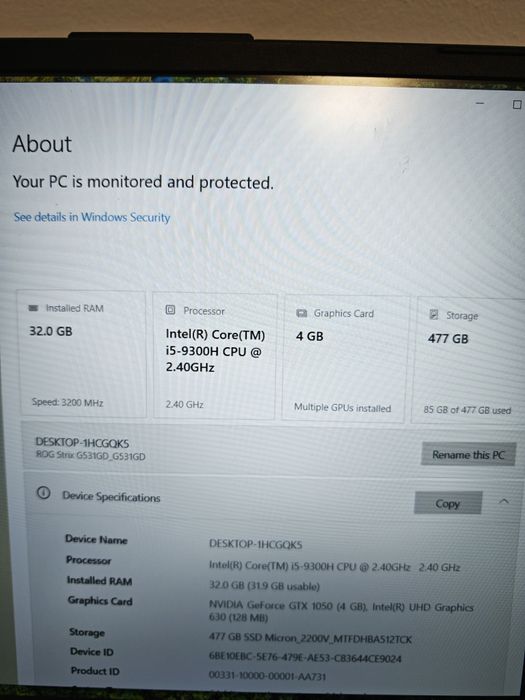 Asus Rog i5, 32gb, 512gb, Gtx1050