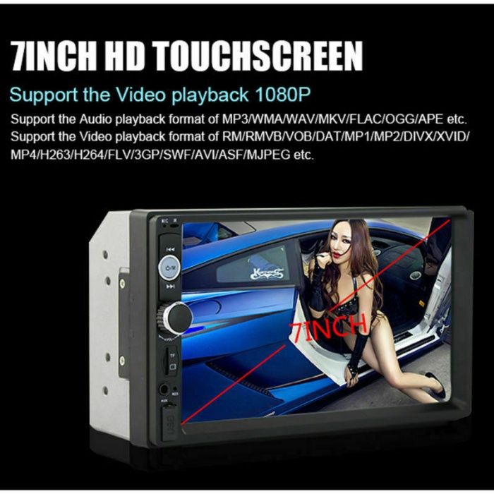 MP5 Video Player 2DIN - Bluetooth, Mirror Link, USB, 7" HD Touchscreen