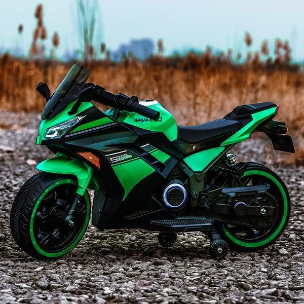 Акумулаторен мотор Kawasaki Ninja с меки гуми и кожена седалка, 12V