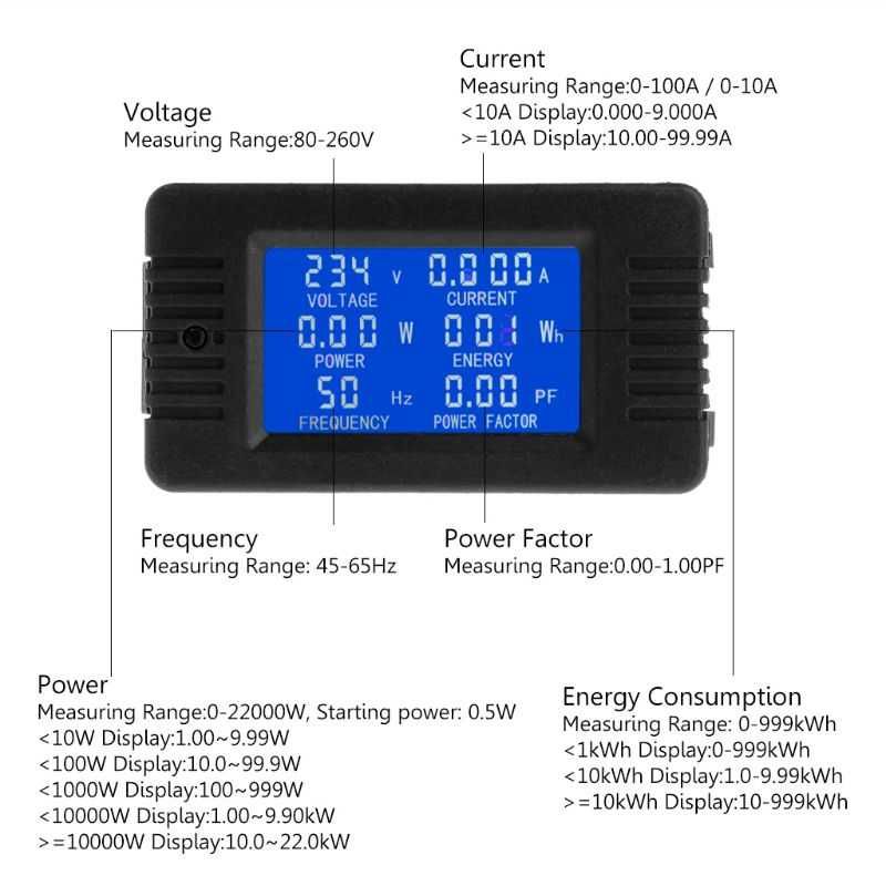 Watmetru AC 80-260V (110/220) 100A LCD Wattmetru curent tensiune