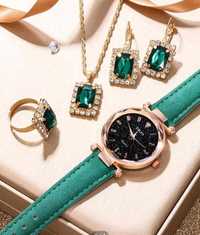 Комплект стилен женски часовник с обеци, пръстен и колие