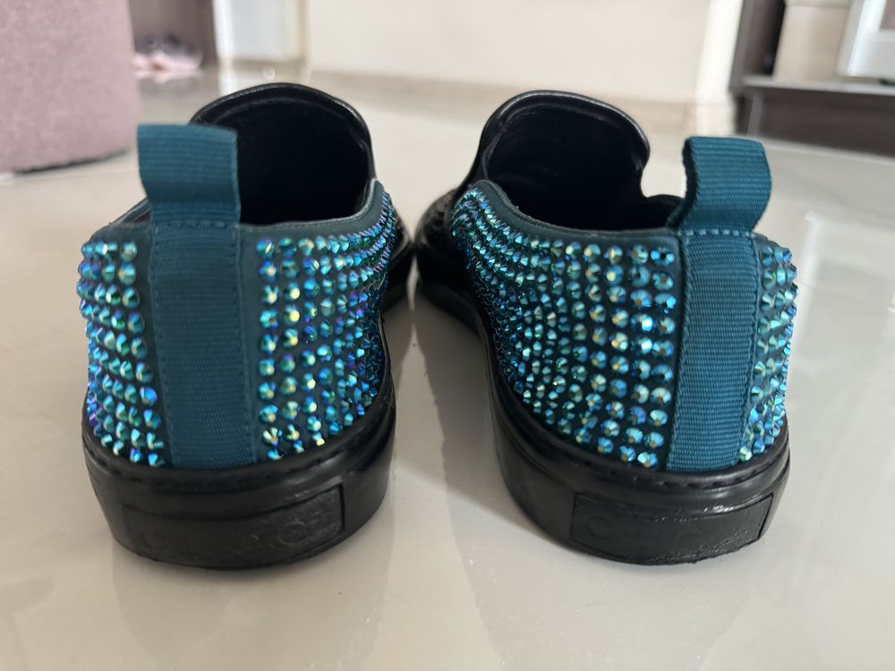 Gucci Crystal Satin Slip-On Sneaker,Black/Teal valentino burberry dior