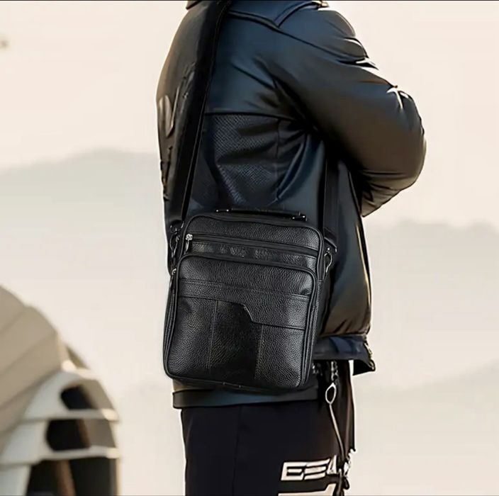 Мъжка кожена чанта/Голяма класическа и универсална•Черна естест. кожа!