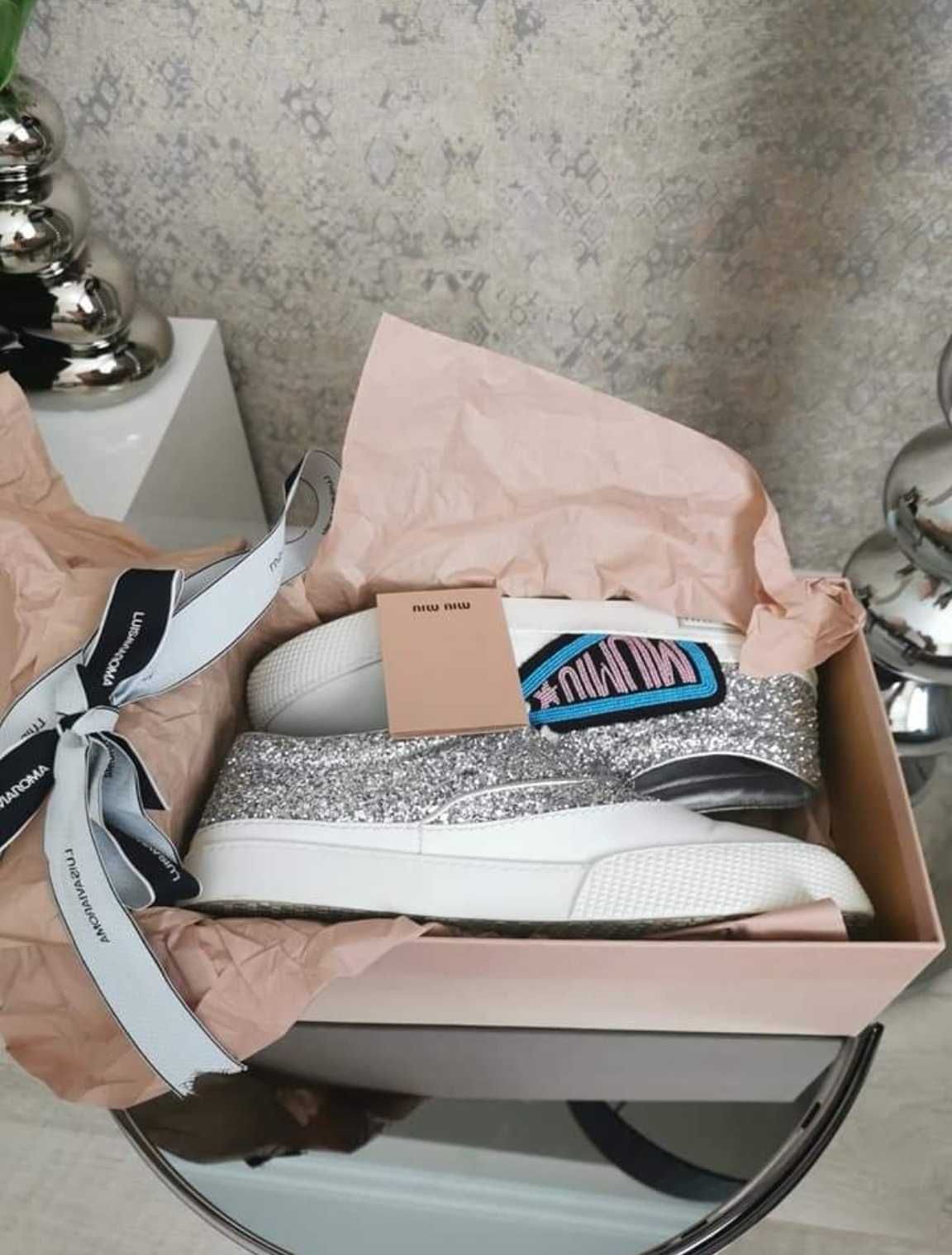 Sneakers Miu Miu/Prada 40 glitter si piele alb