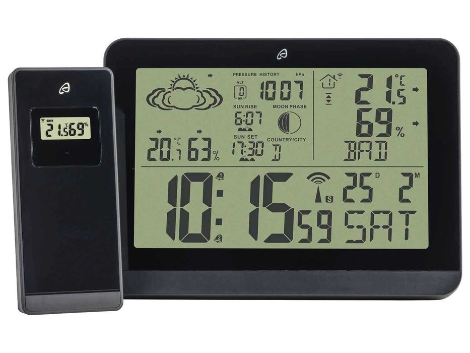 Stație meteo INTERIOR EXTERIOR cu ceas, alarma si higrometru, NOUA