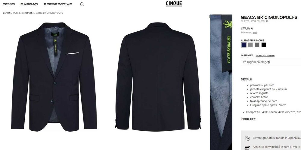 Sacou blazer slim 48 M premium Cinque lana tesatura fina navy