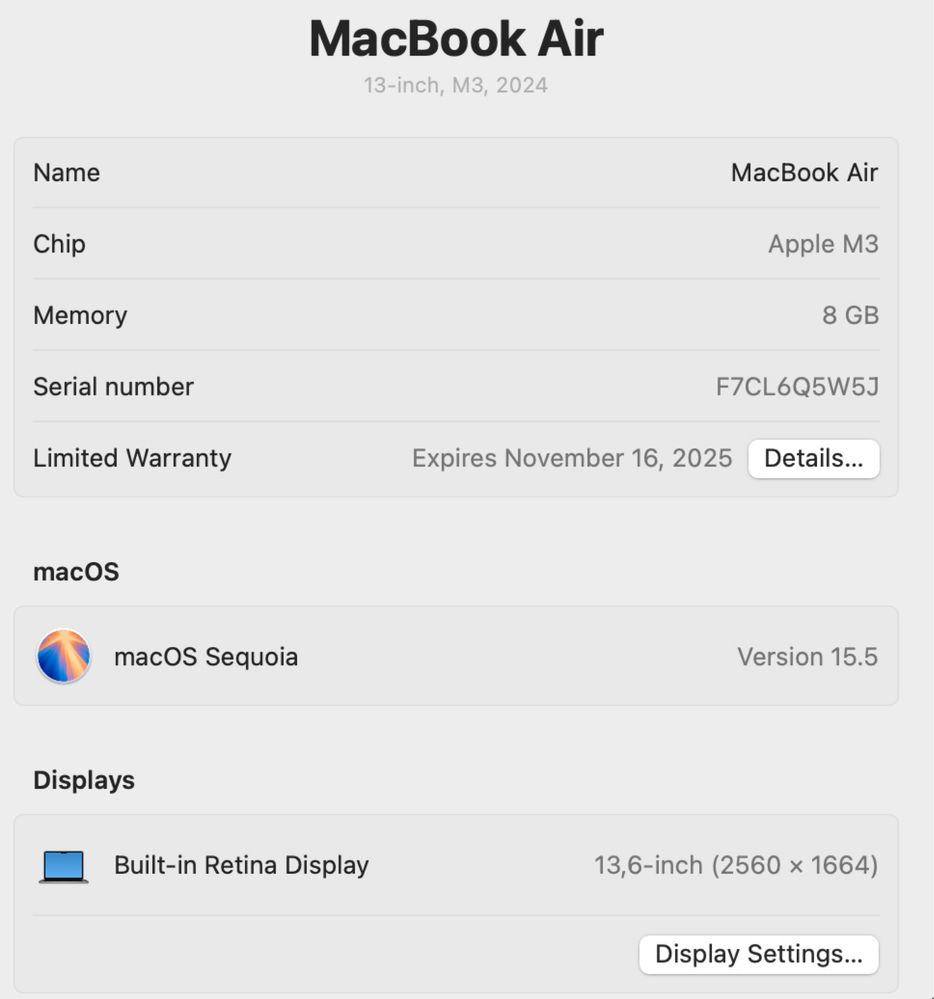 MacBook Air 13” M3 Chip 8 GB RAM 256 GB