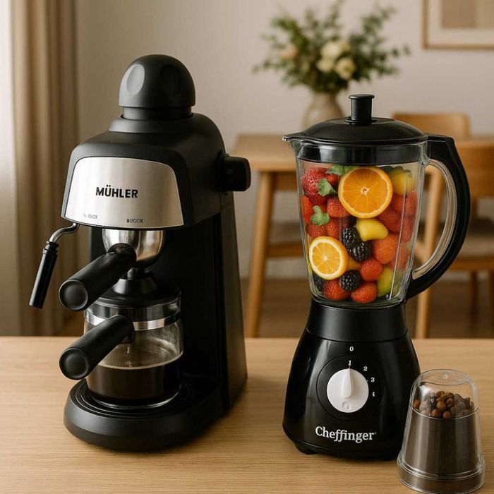 Комплект от еспресо машина  + 2 стъклени чаши и блендер с мелничка