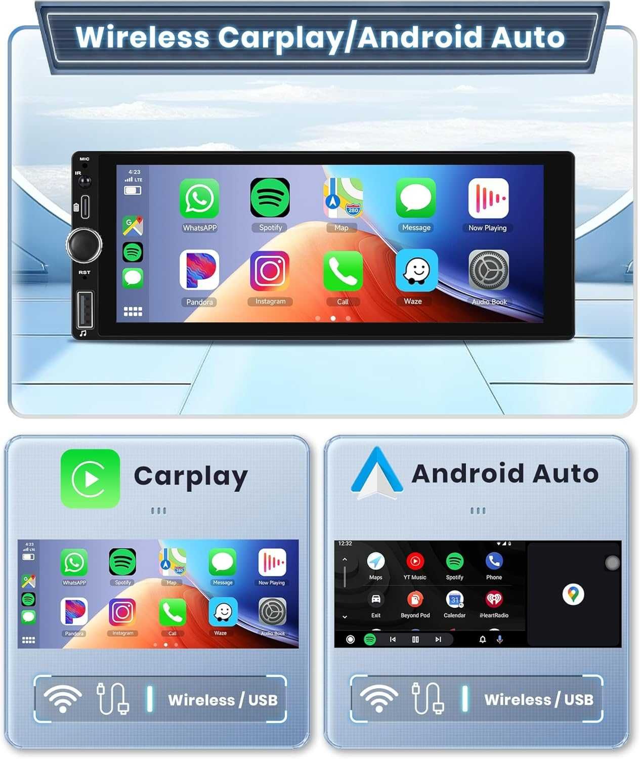 Rimoody Еднодинов безжичен Carplay/Android Auto стерео 6.86 инча HD